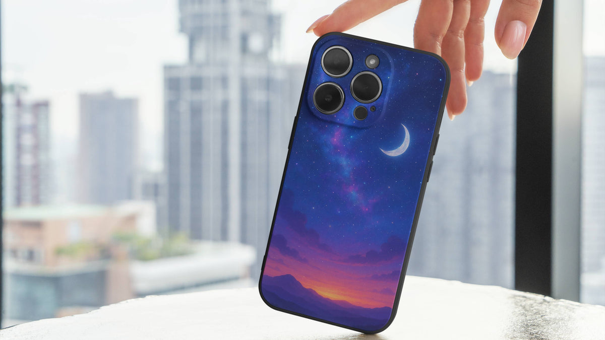 [💰Sale🎨]Blue Night Sky Phone Case – Dreamy Crescent Moon, Red Clouds & Distant Mountains | Starry TPU Protective Cover for iPhone Banner