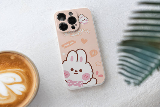 [💰Sale🎨]Good Luck Bunny Phone Case – Cute Pink-Orange Pastel Design with Adorable Rabbit & Positive Vibes | TPU Protective Cover for iPhone 16/15/14/13/12/11 Pro/Pro Max/Plus