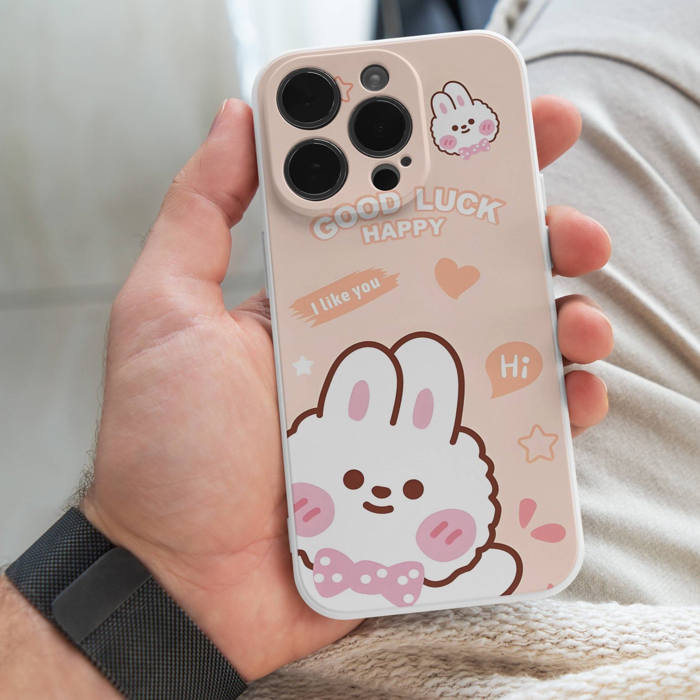 [💰Sale🎨]Good Luck Bunny Phone Case – Cute Pink-Orange Pastel Design with Adorable Rabbit & Positive Vibes | TPU Protective Cover for iPhone 16/15/14/13/12/11 Pro/Pro Max/Plus